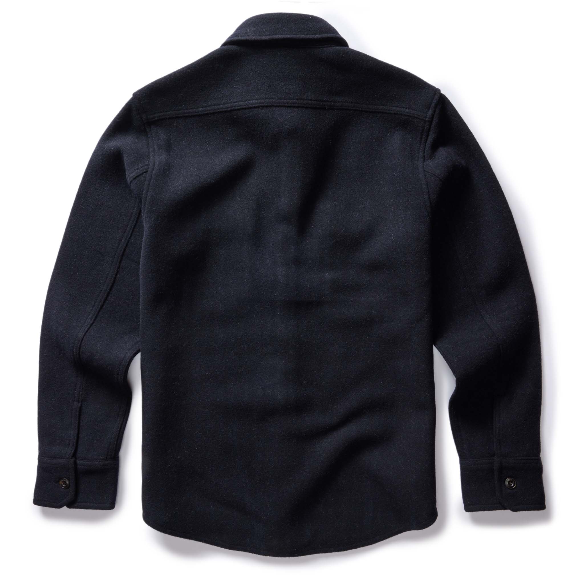 flatlay of The Maritime Shirt Jacket in Navy Wool, from the back, Wovens by Taylor Stitch