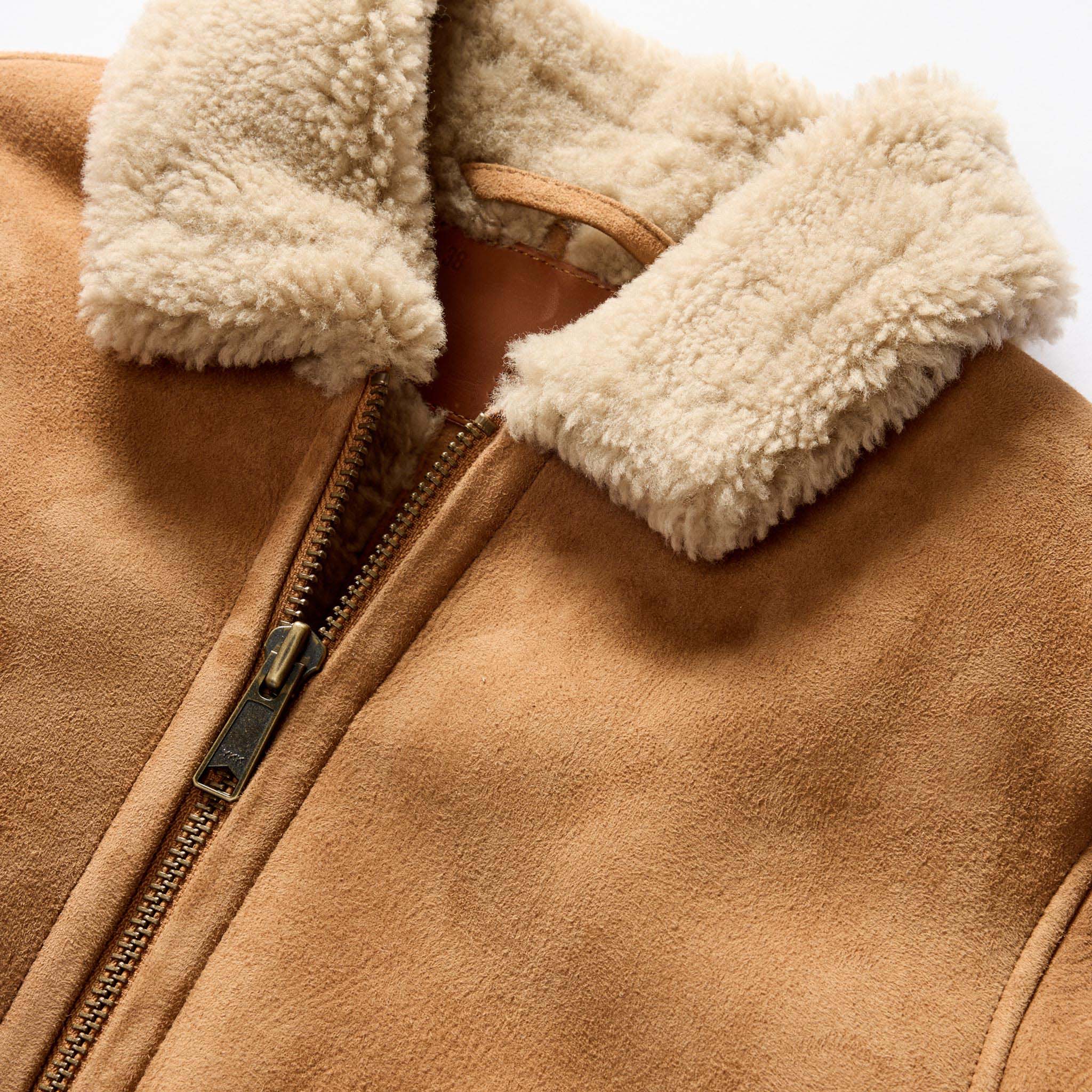 material shot of the collar on The Wright Jacket in Camel Shearling Leather, Outerwear by Taylor Stitch