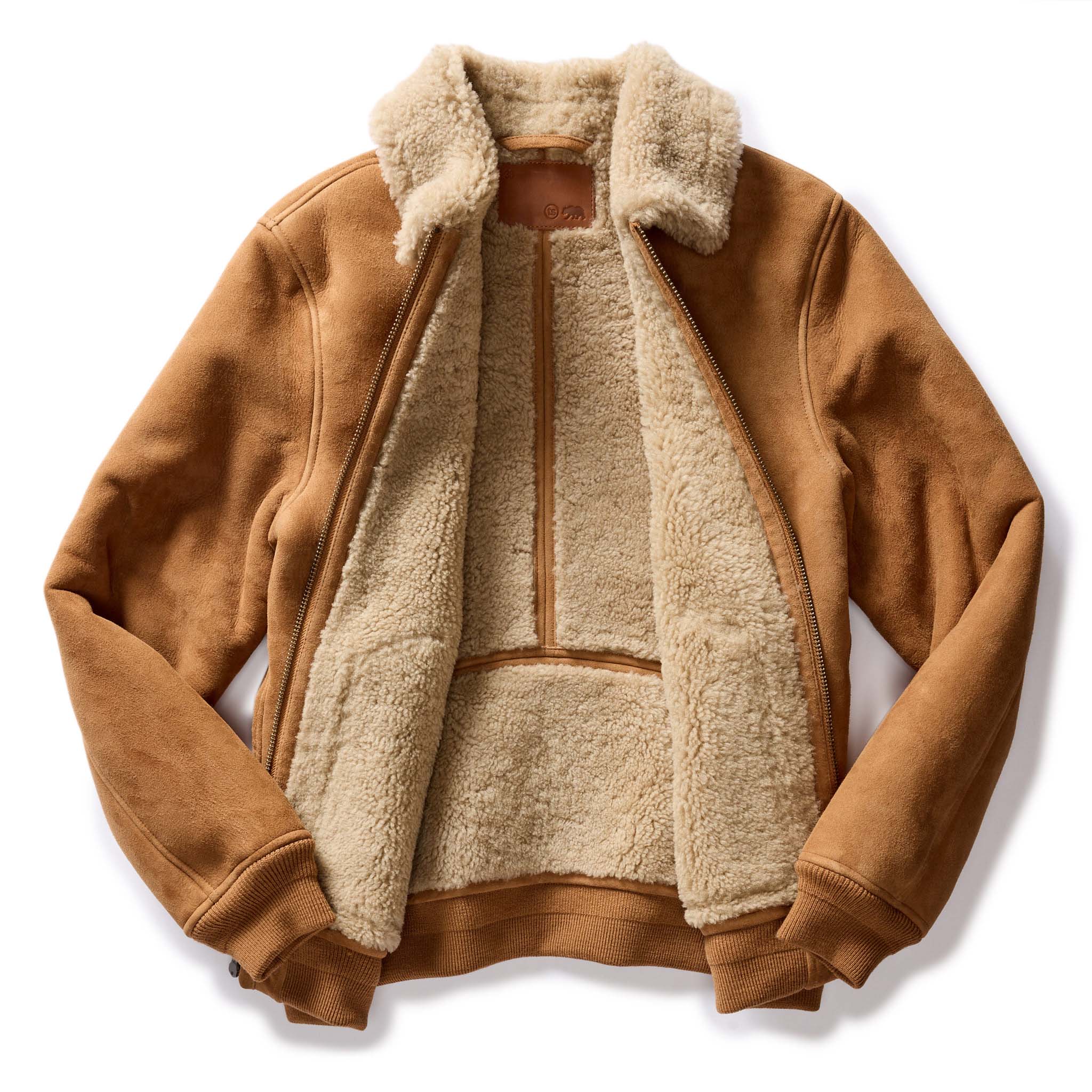 flatlay of The Wright Jacket in Camel Shearling Leather, shown open, Outerwear by Taylor Stitch