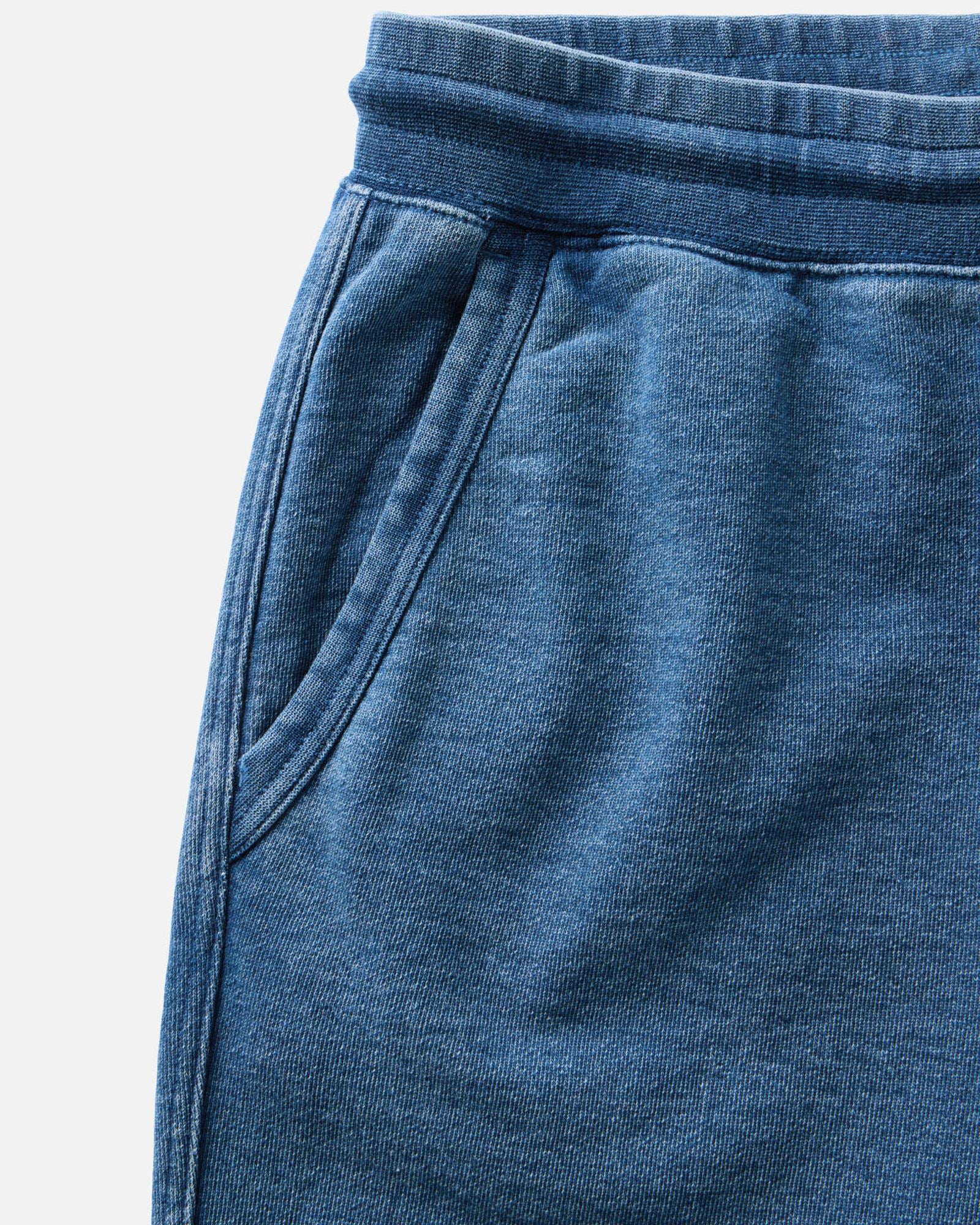 material shot of the pocket on The Sunset Pant in Washed Indigo Terry, Bottoms by Taylor Stitch