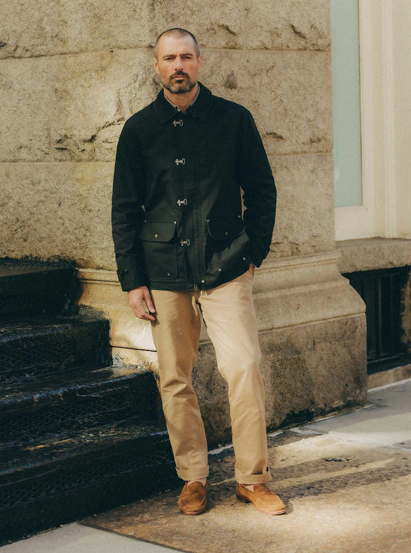 Model wearing the Cinder Jacket on the city streets