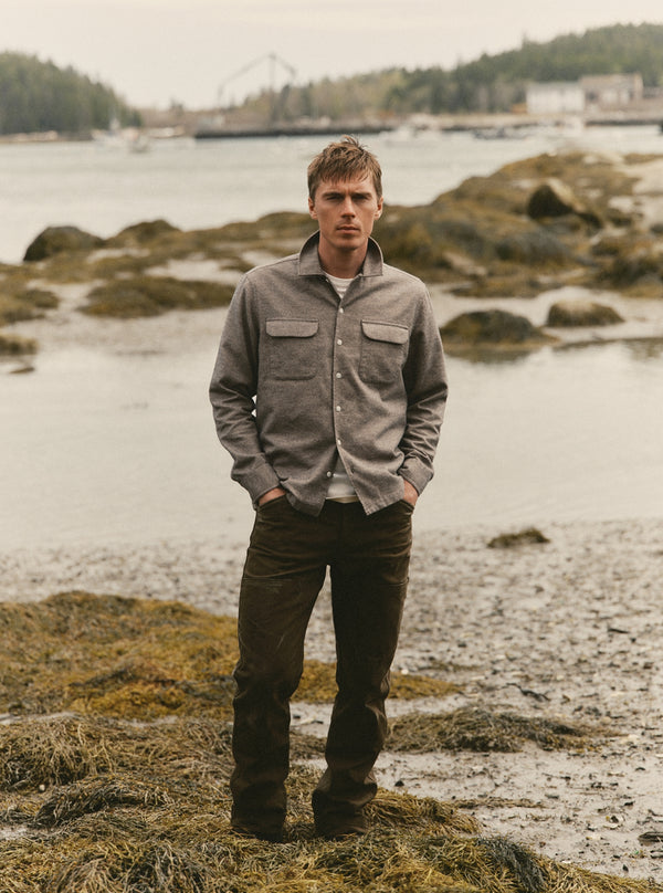 fit model posing in The Shore Shirt in Driftwood Portuguese Flannel