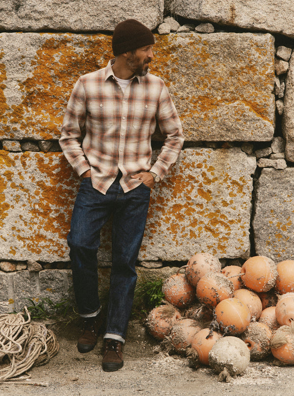 fit model showing off The Utility Shirt in Seaside Check Sashiko