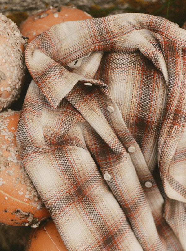 editorial flatlay of The Utility Shirt in Seaside Check Sashiko