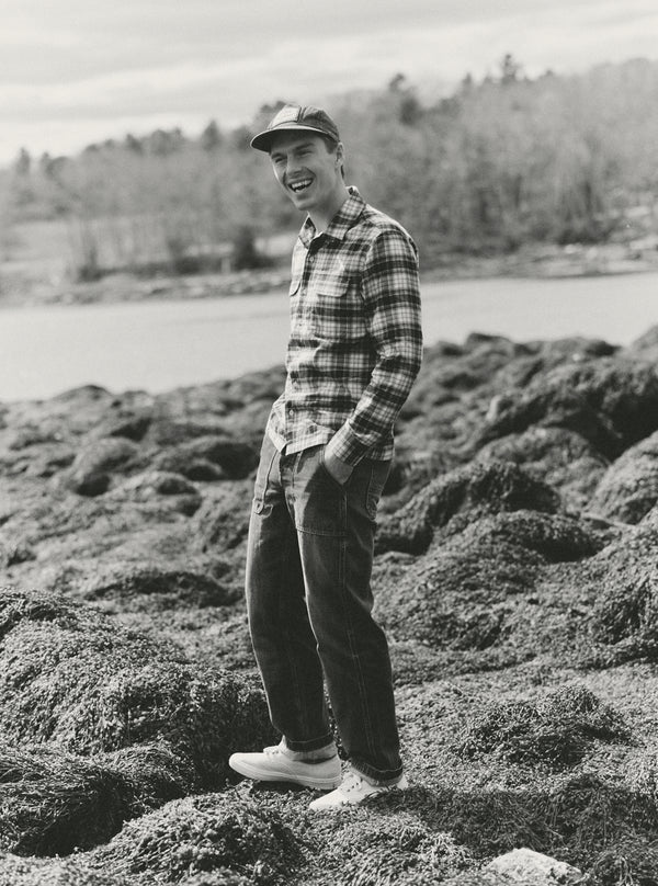 fit model walking wearing The Shore Shirt in Harbor Check Portuguese Flannel