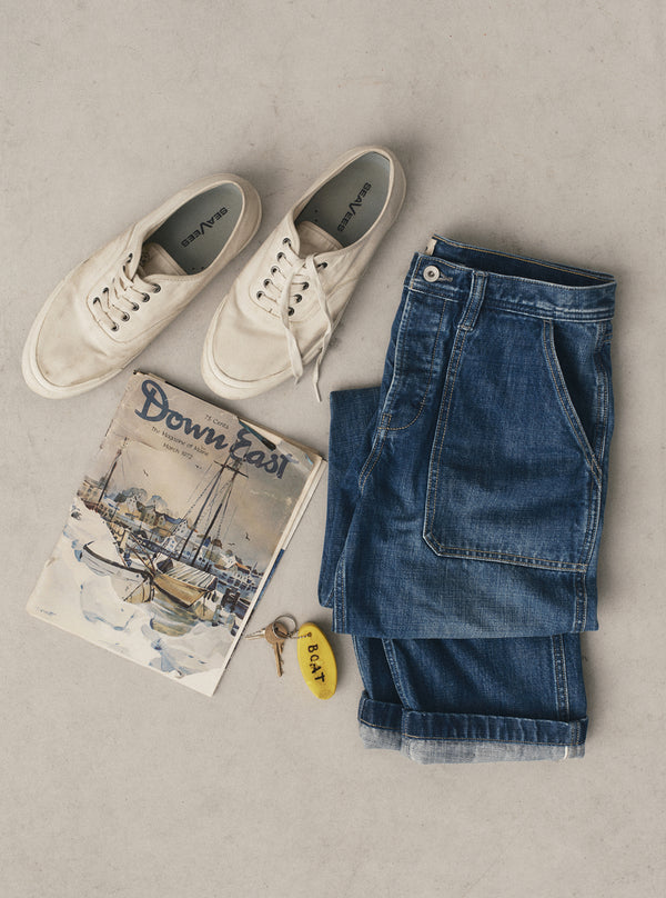 editorial flatlay of The Mariner Jean in Drift Wash Organic Selvedge
