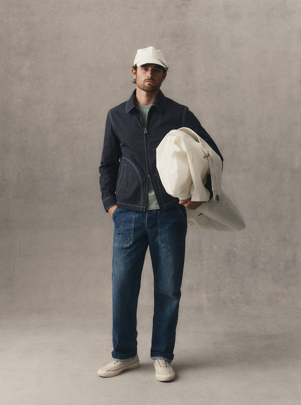fit model posing in The Shore Jacket in Navy Twill