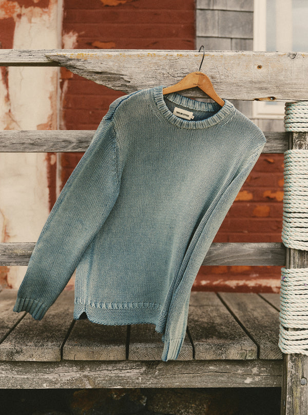 editorial image of The Dory Crew Sweater in Washed Indigo