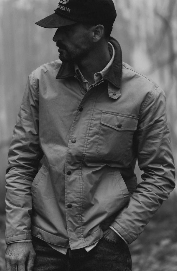 Tfit model showing off The Deck Jacket in Khaki Dry Wax