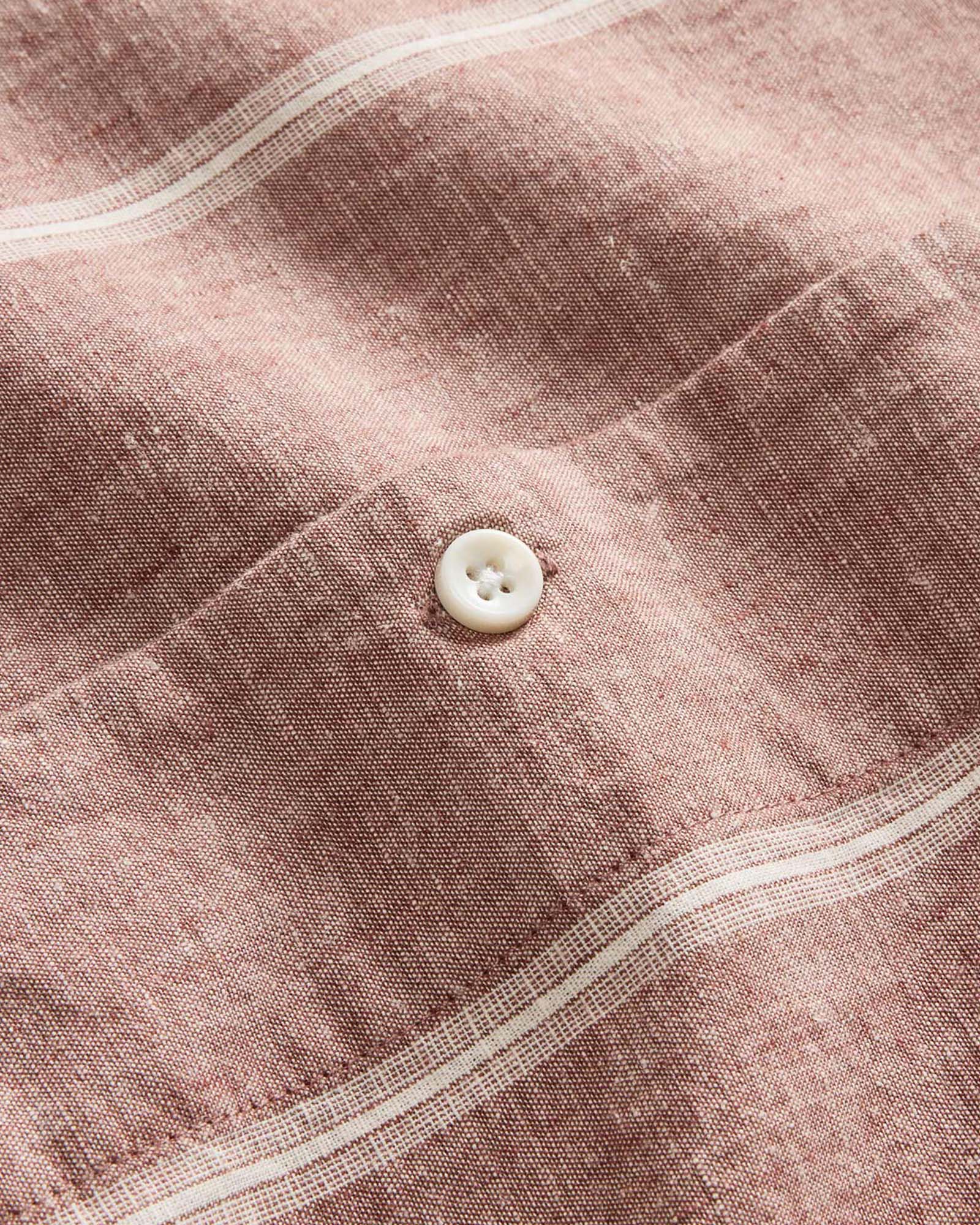 material shot of the camp collar on The Short Sleeve Hawthorne in Dried Fig Stripe, Wovens by Taylor Stitch