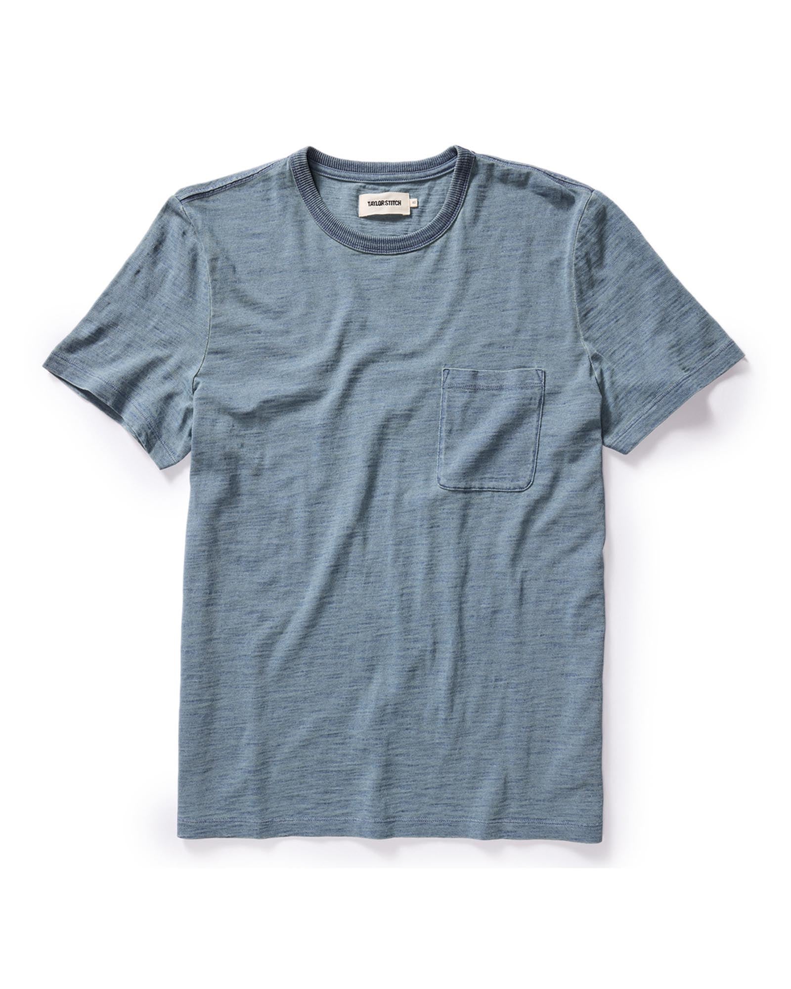 flatlay of The Organic Cotton Tee in Dyed Indigo, Knits by Taylor Stitch