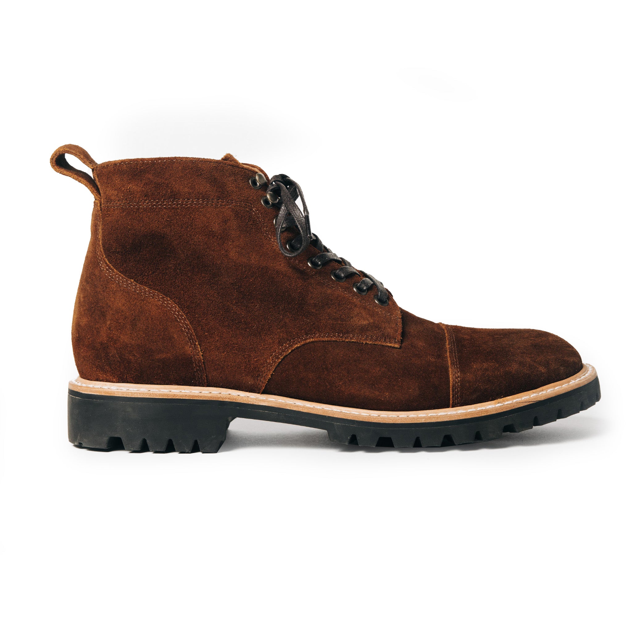flatlay of the side of The Moto Boot in Snuff Weatherproof Suede, Footwear by Taylor Stitch