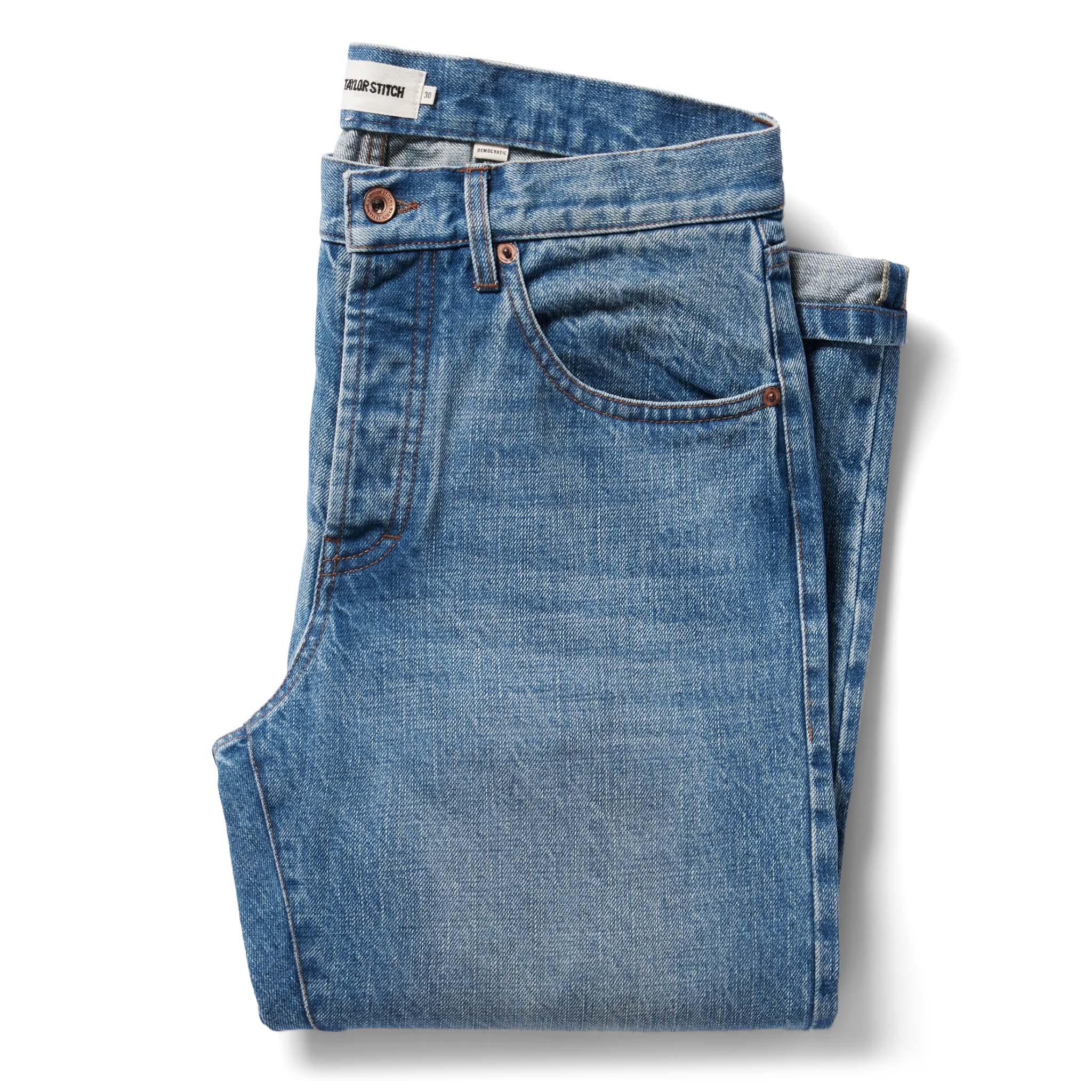 flatlay of The Democratic Jean in Fletcher Wash Organic Selvage folded, Bottoms by Taylor Stitch