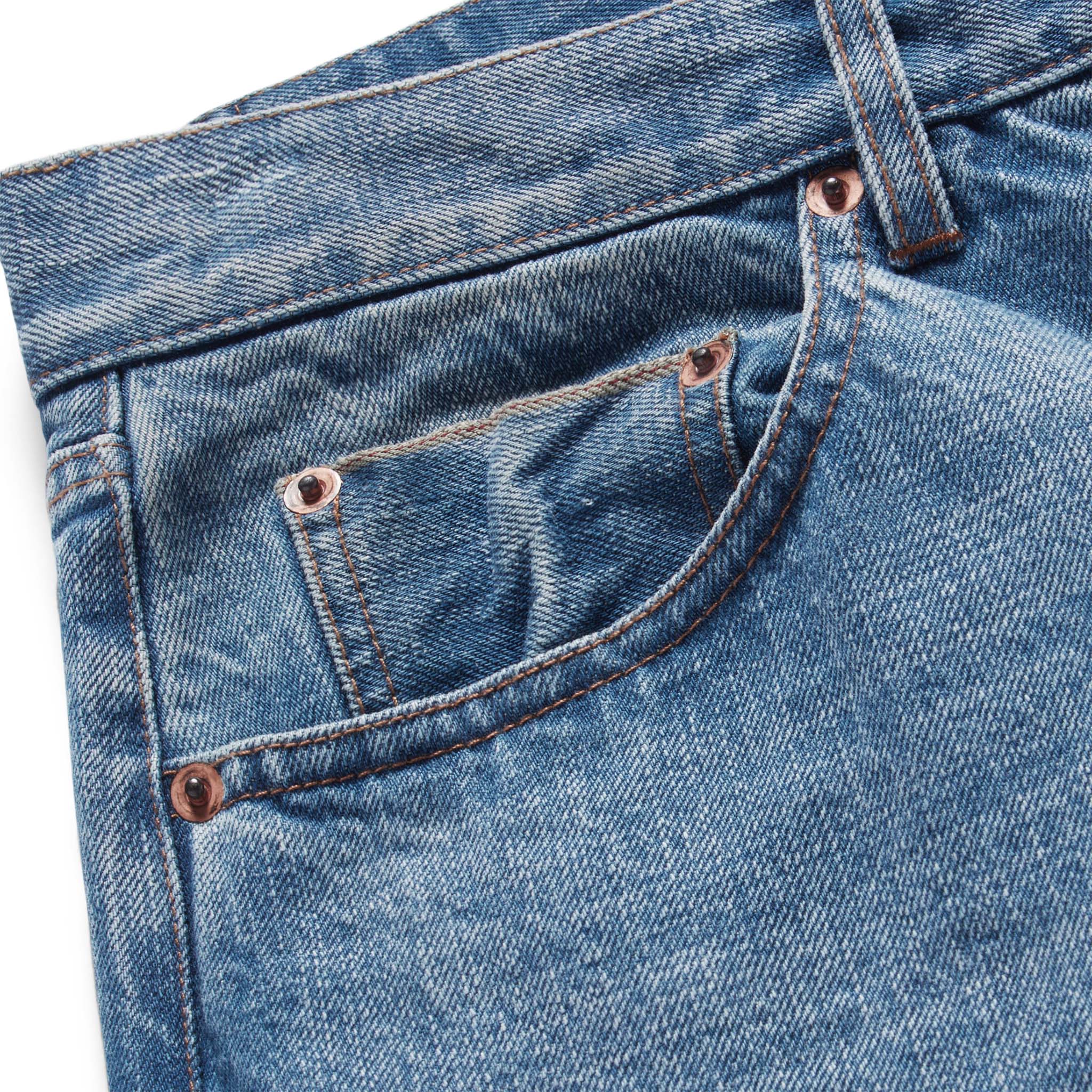 material shot of the selvage pocket on The Democratic Jean in Fletcher Wash Organic Selvage, Bottoms by Taylor Stitch