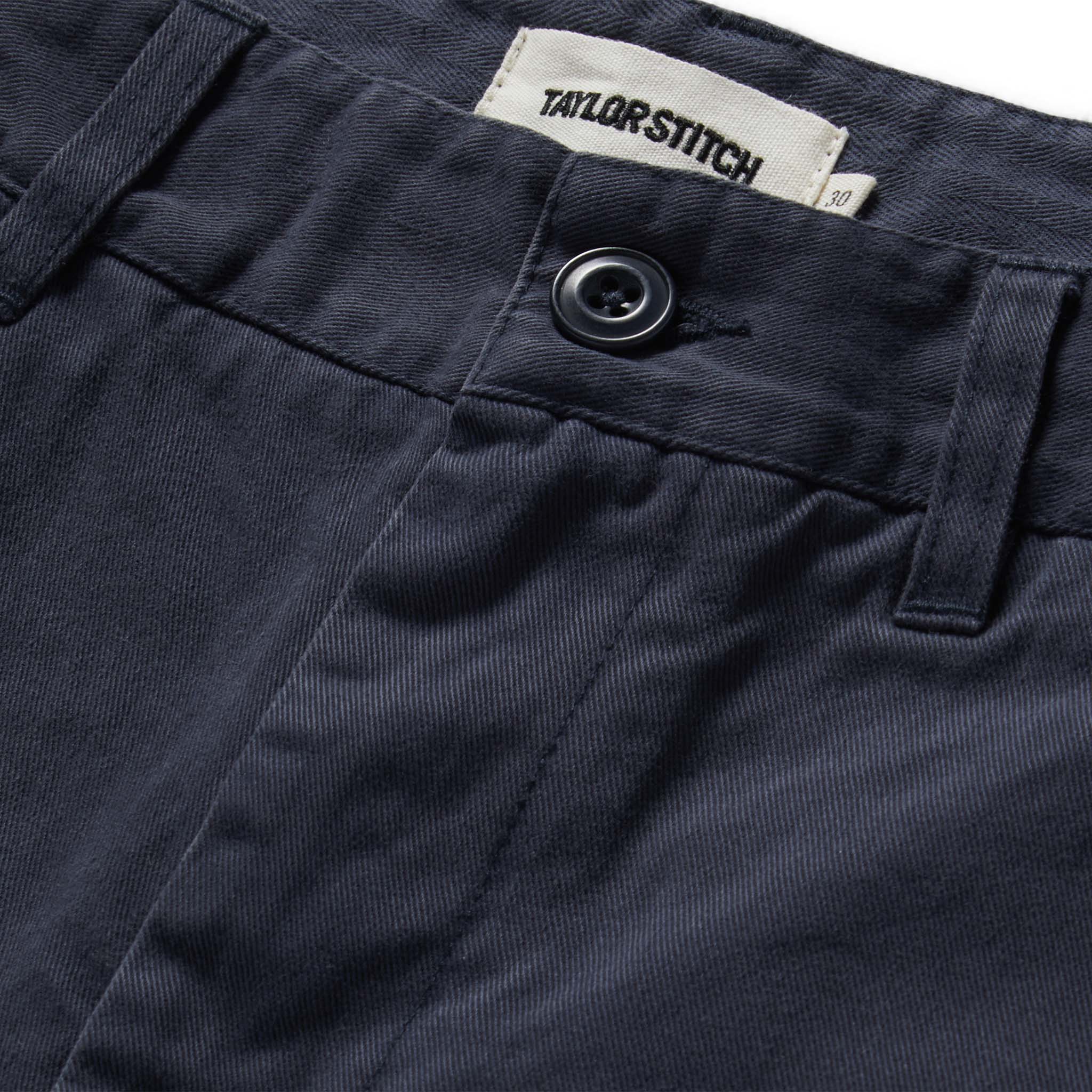 material shot of the button fly on The Foundation Short in Organic Marine, Bottoms by Taylor Stitch