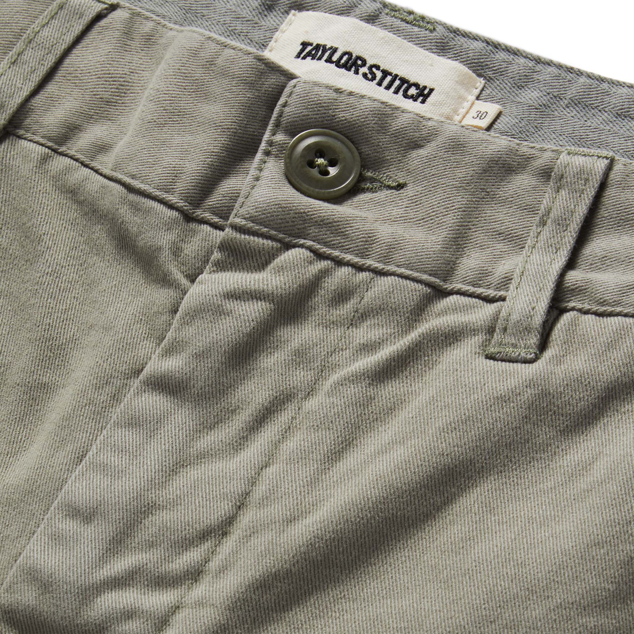 material shot of the button fly on The Foundation Short in Organic Sagebrush, Bottoms by Taylor Stitch