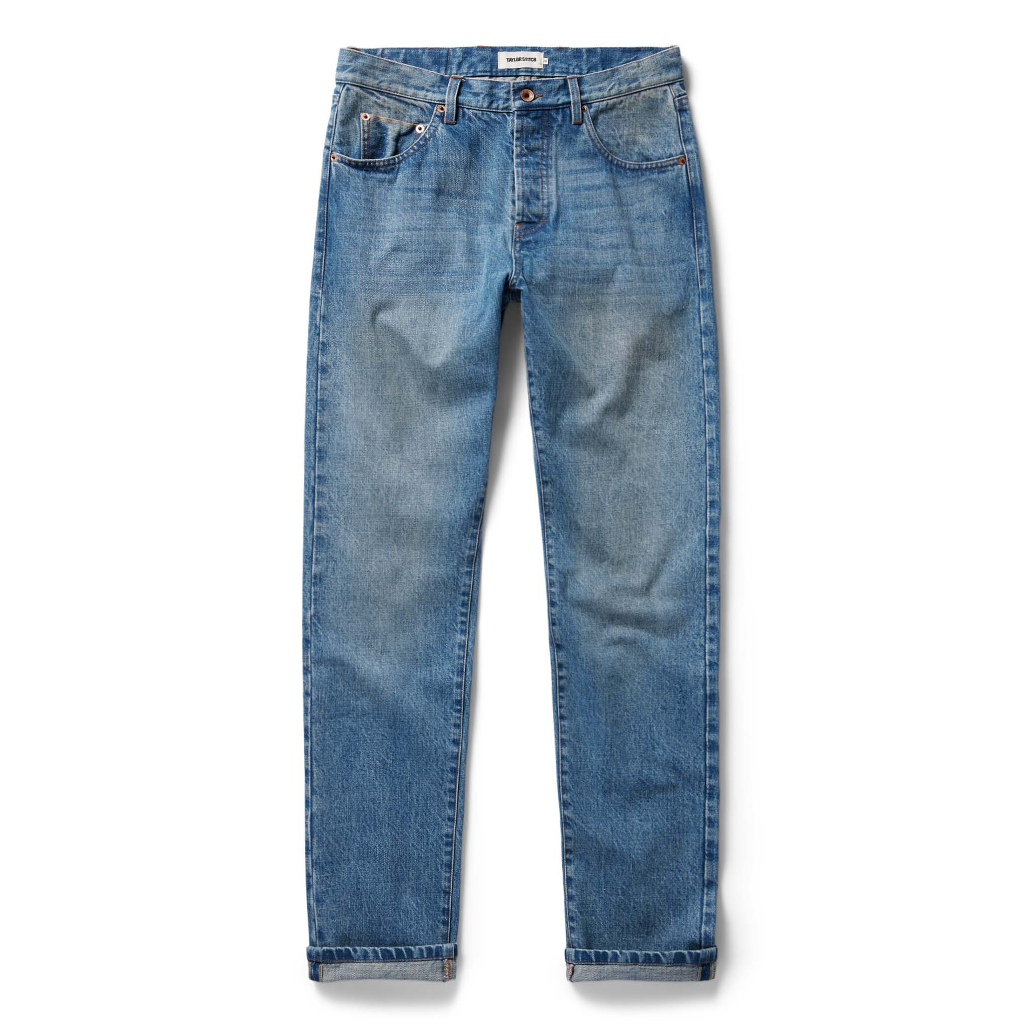 flatlay of The Slim Jean in Fletcher Wash Organic Selvage, Bottoms by Taylor Stitch