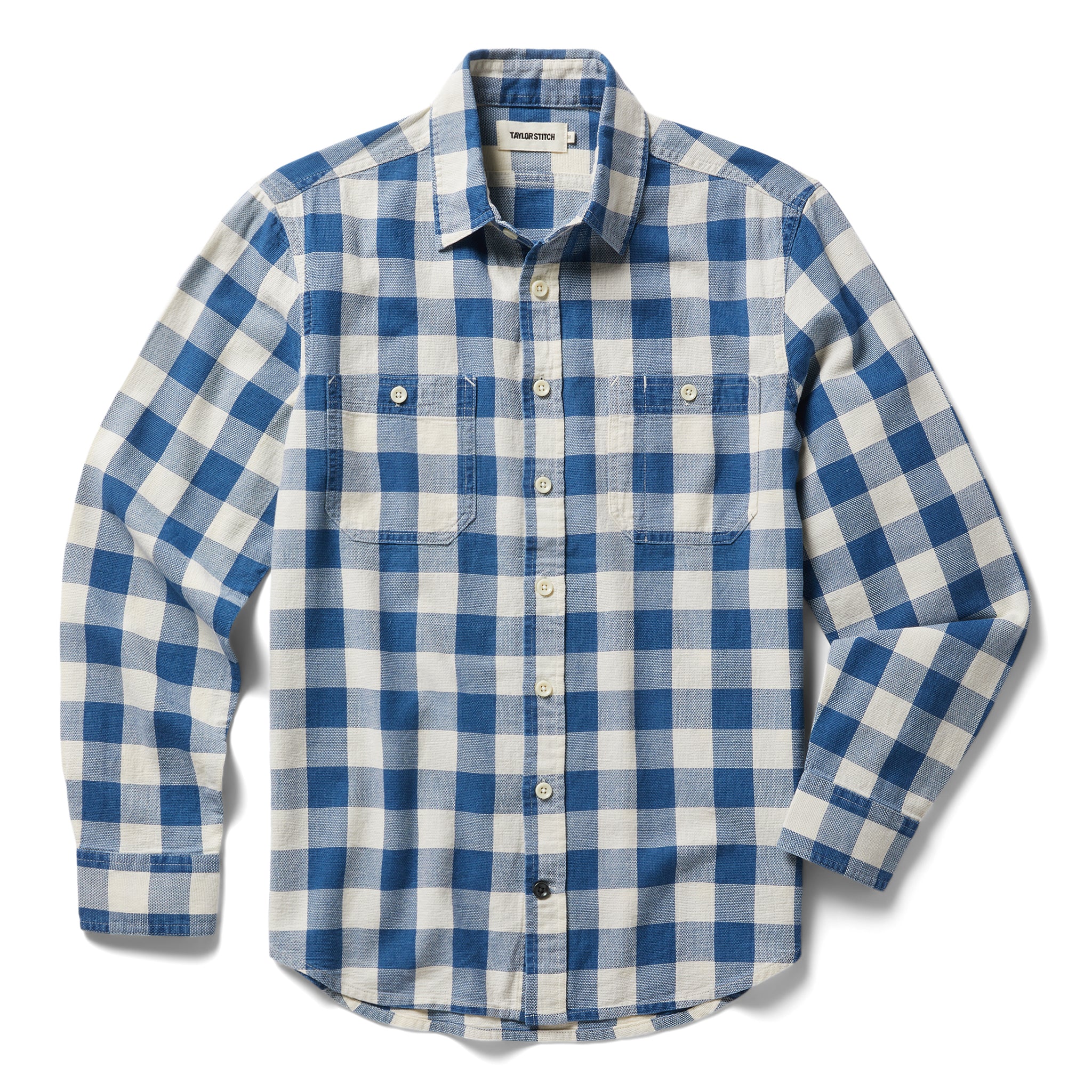 flatlay of The Utility Shirt in Sun Bleached Indigo Check, Wovens by Taylor Stitch
