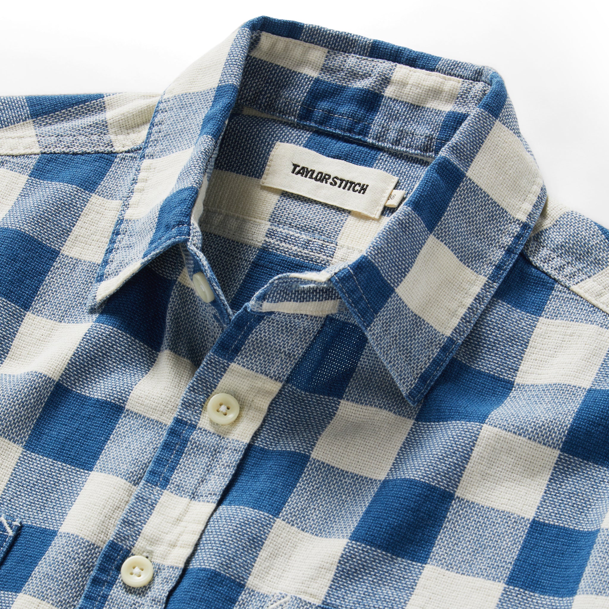material shot of the collar on The Utility Shirt in Sun Bleached Indigo Check, Wovens by Taylor Stitch