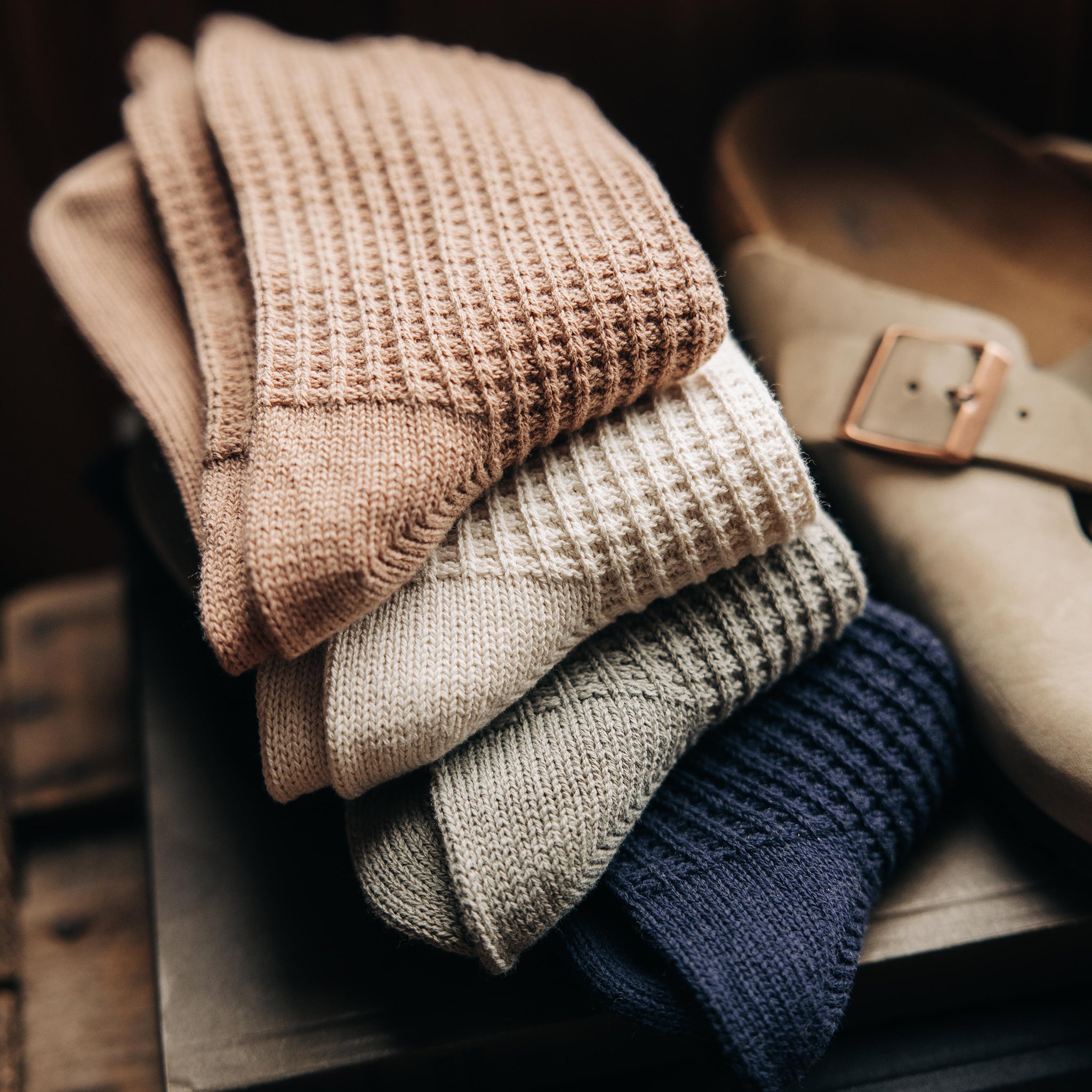 editorial image of various socks for The Waffle Sock in Natural, Accessories by Taylor Stitch