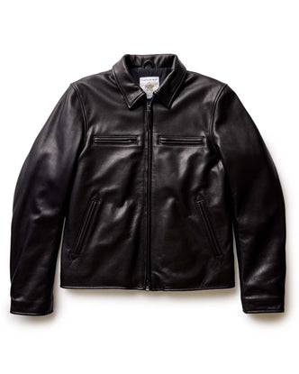 flatlay of The Moto Jacket in Black Steerhide