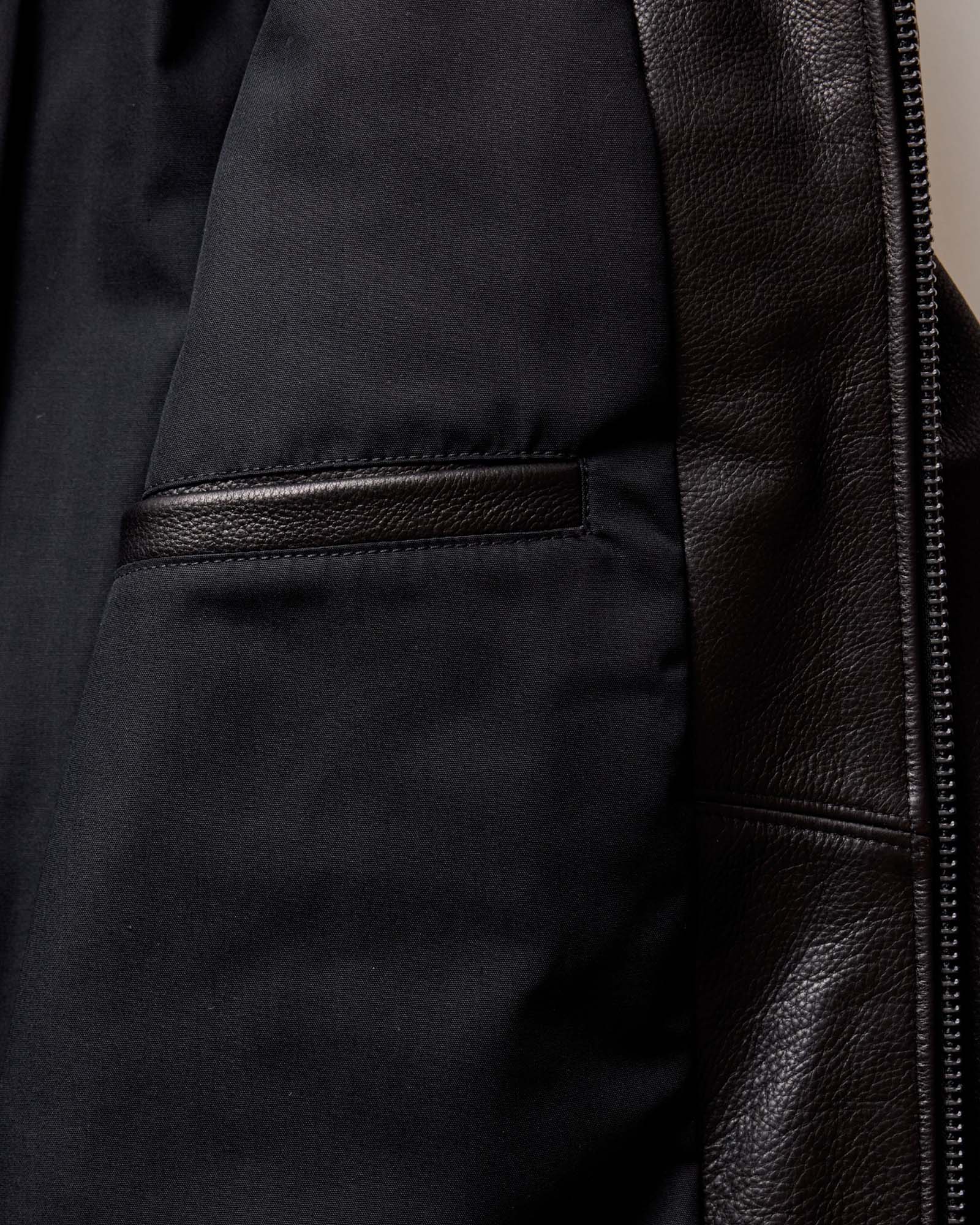 material shot of the collar on The Moto Jacket in Black Steerhide, Outerwear by Taylor Stitch