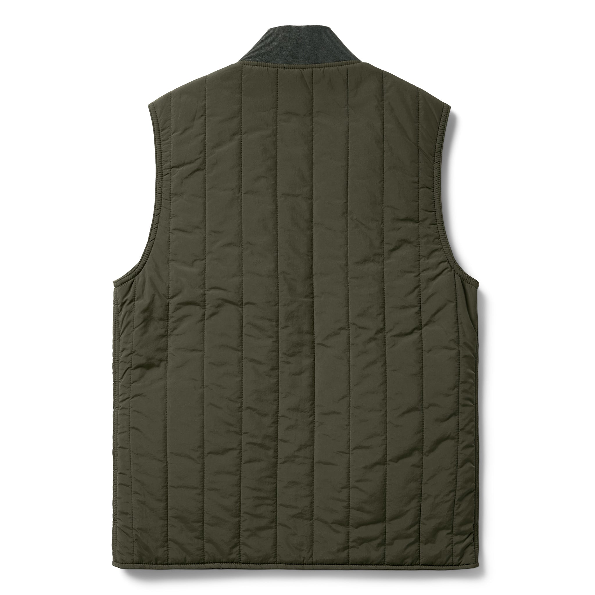 flatlay of The Able Vest in Quilted Army, shown from the back, Outerwear by Taylor Stitch