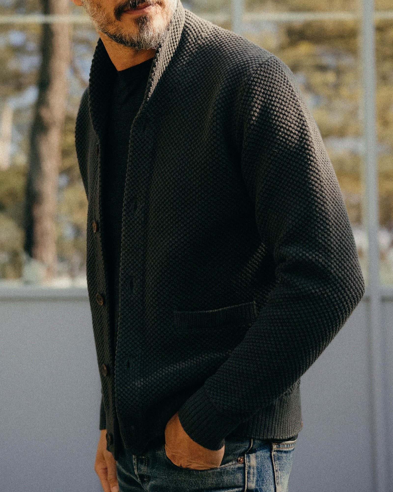 material shot of the shawl collar on The Crawford Sweater in Charcoal, Knits by Taylor Stitch