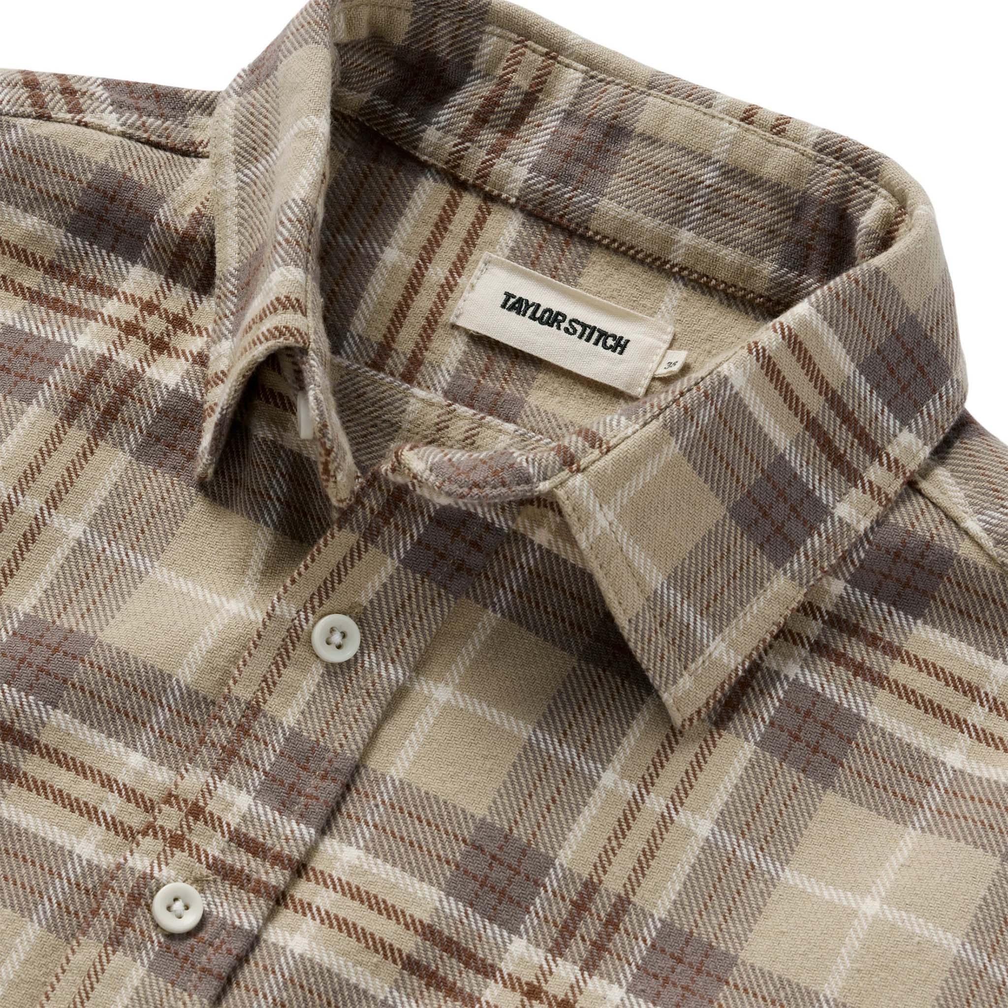 material shot of the collar on The Ledge Shirt in Fossil Plaid, Wovens by Taylor Stitch