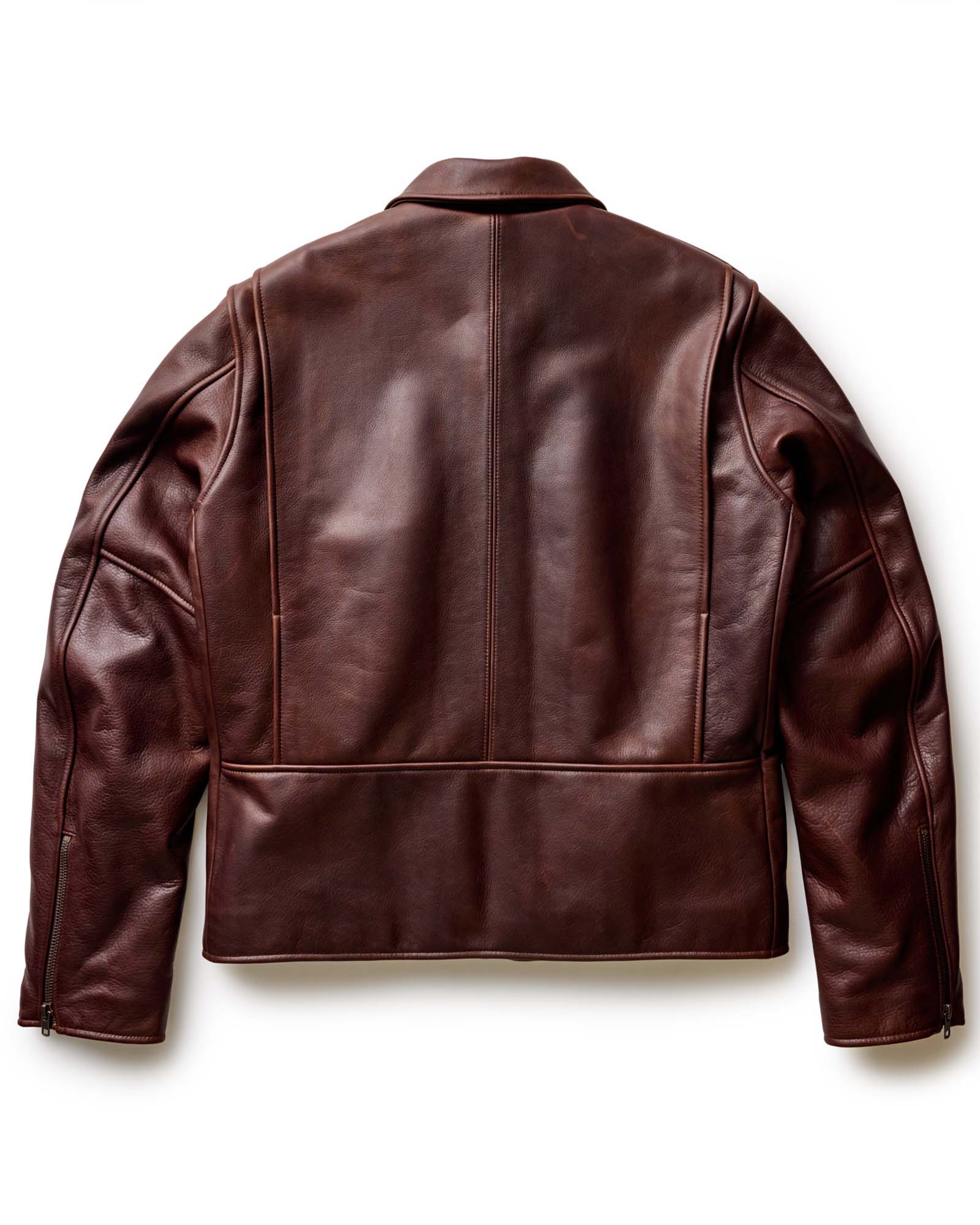 flatlay of The Moto Jacket in Espresso Steerhide open, Outerwear by Taylor Stitch