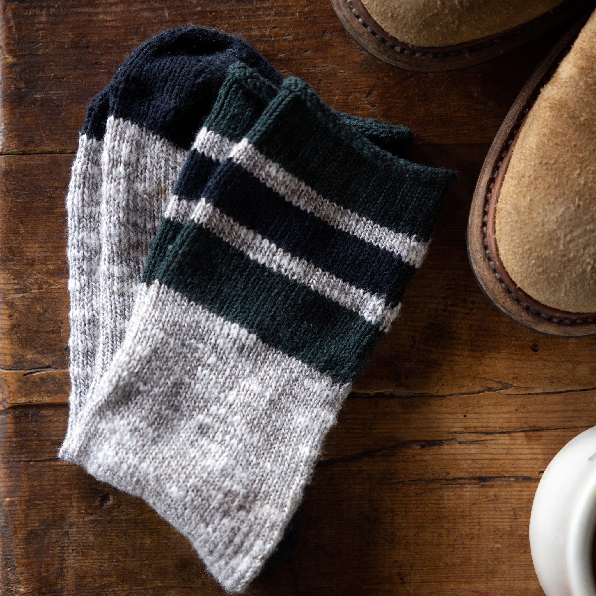 material shot of the The Camp Sock in Heather Grey folded, Accessories by Taylor Stitch