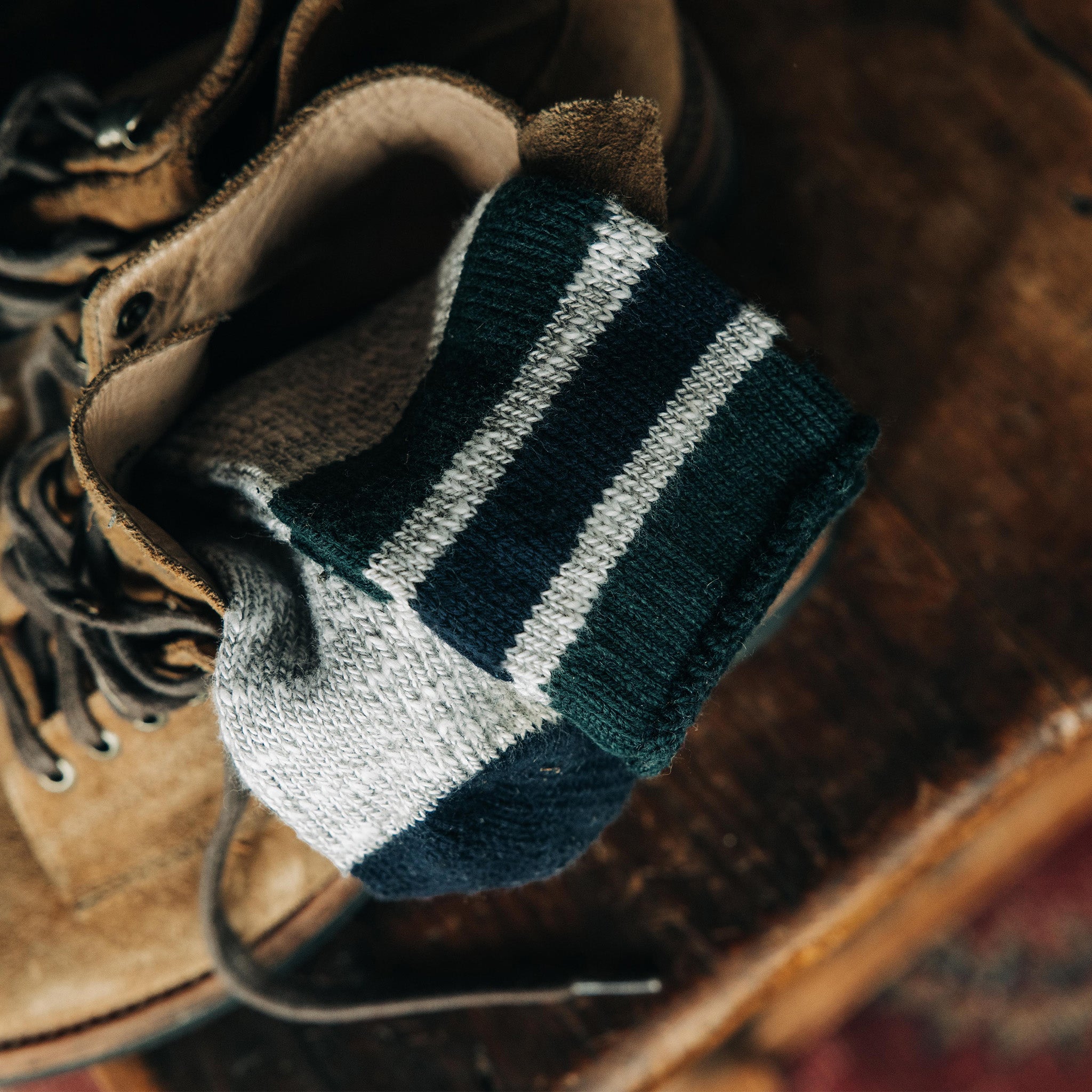 editorial image of The Camp Sock in Heather Grey in a boot, Accessories by Taylor Stitch