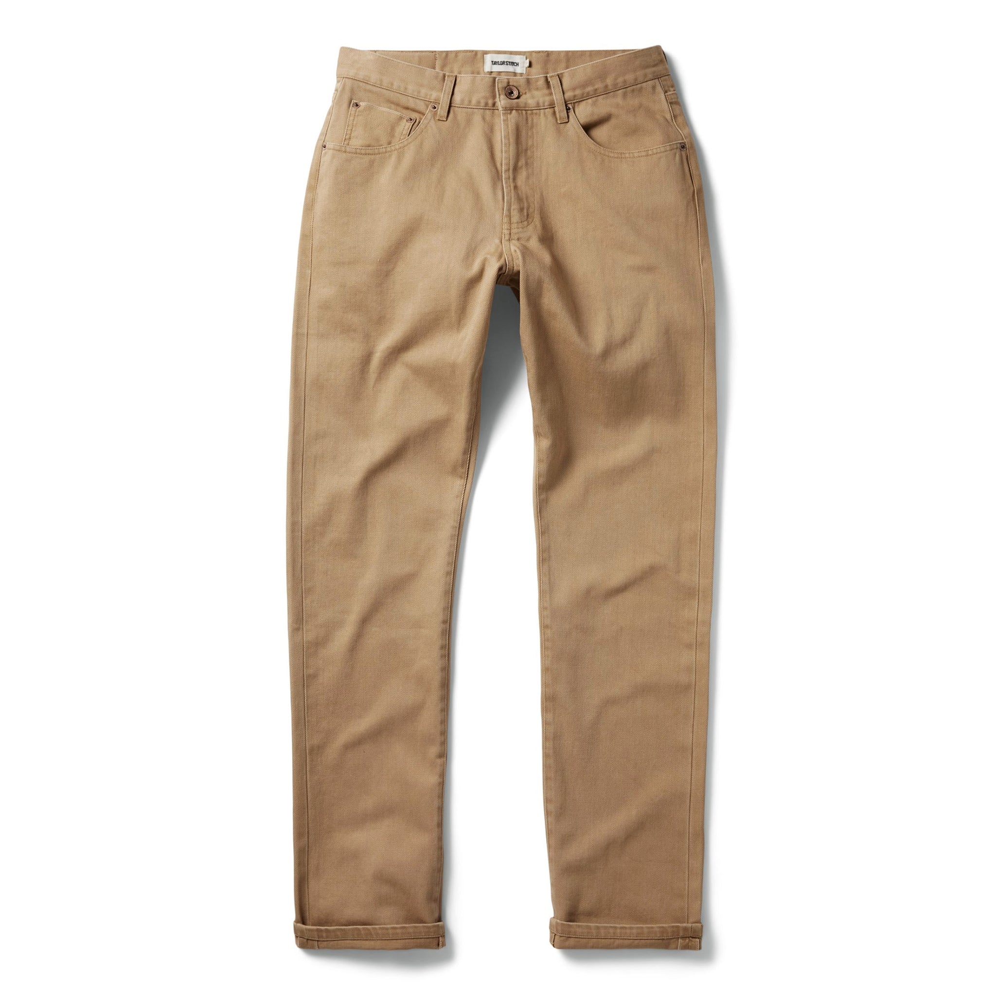 flatlay of The Democratic All Day Pant in Washed Tobacco Selvage, shown in full, Bottoms by Taylor Stitch