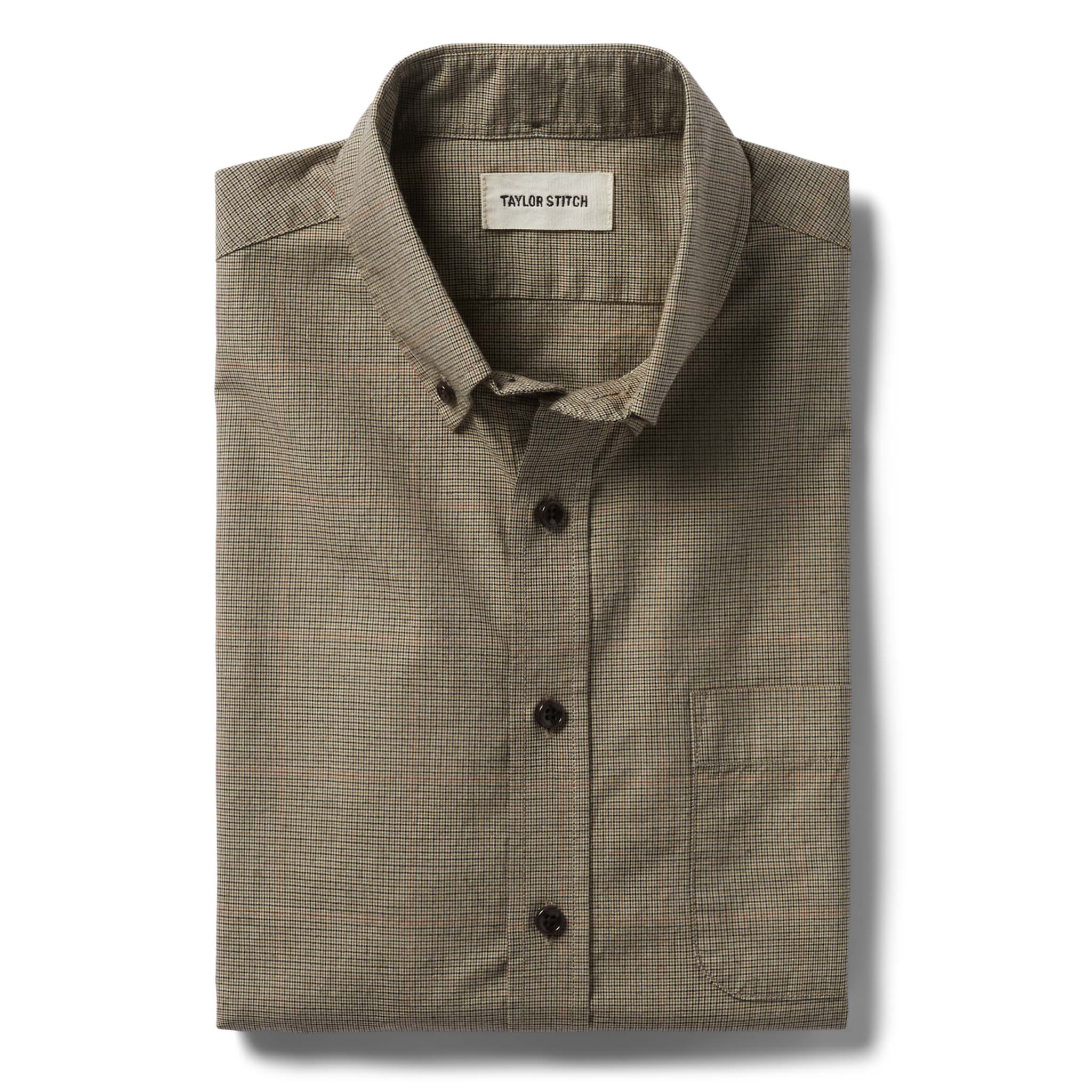 folded flatlay of The Jack in Khaki Houndstooth Check, Wovens by Taylor Stitch