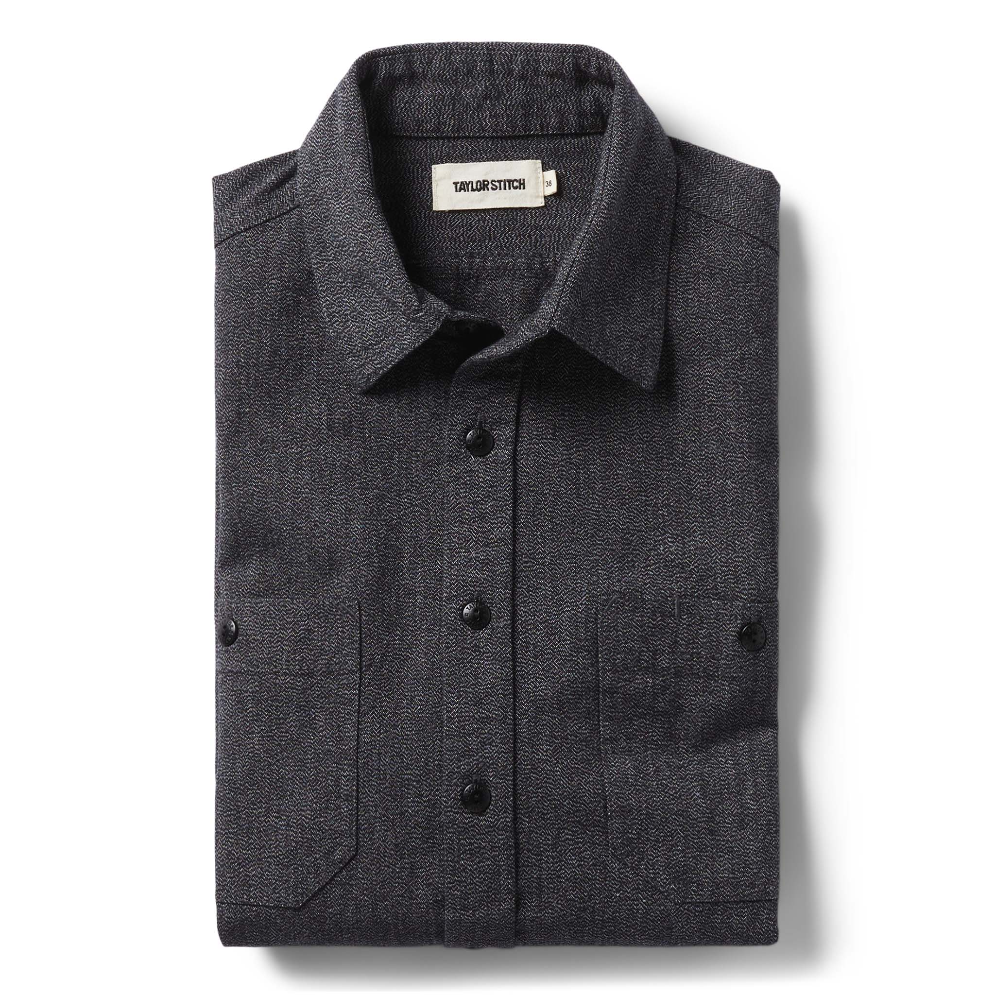 flatlay of The Utility Shirt in Ash Jaspe folded, Wovens by Taylor Stitch