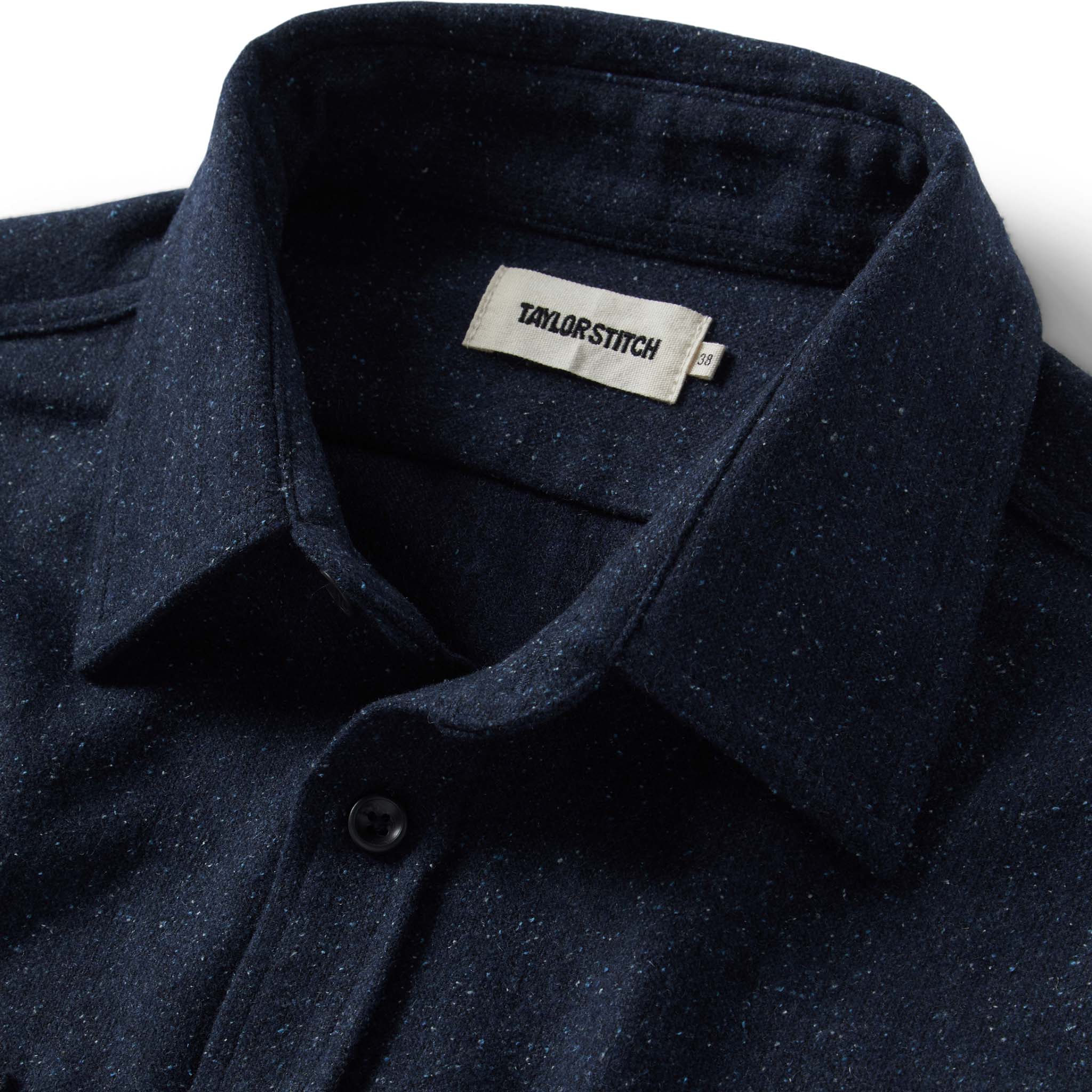 material shot of the collar on The Utility Shirt in Navy Donegal Wool, Wovens by Taylor Stitch