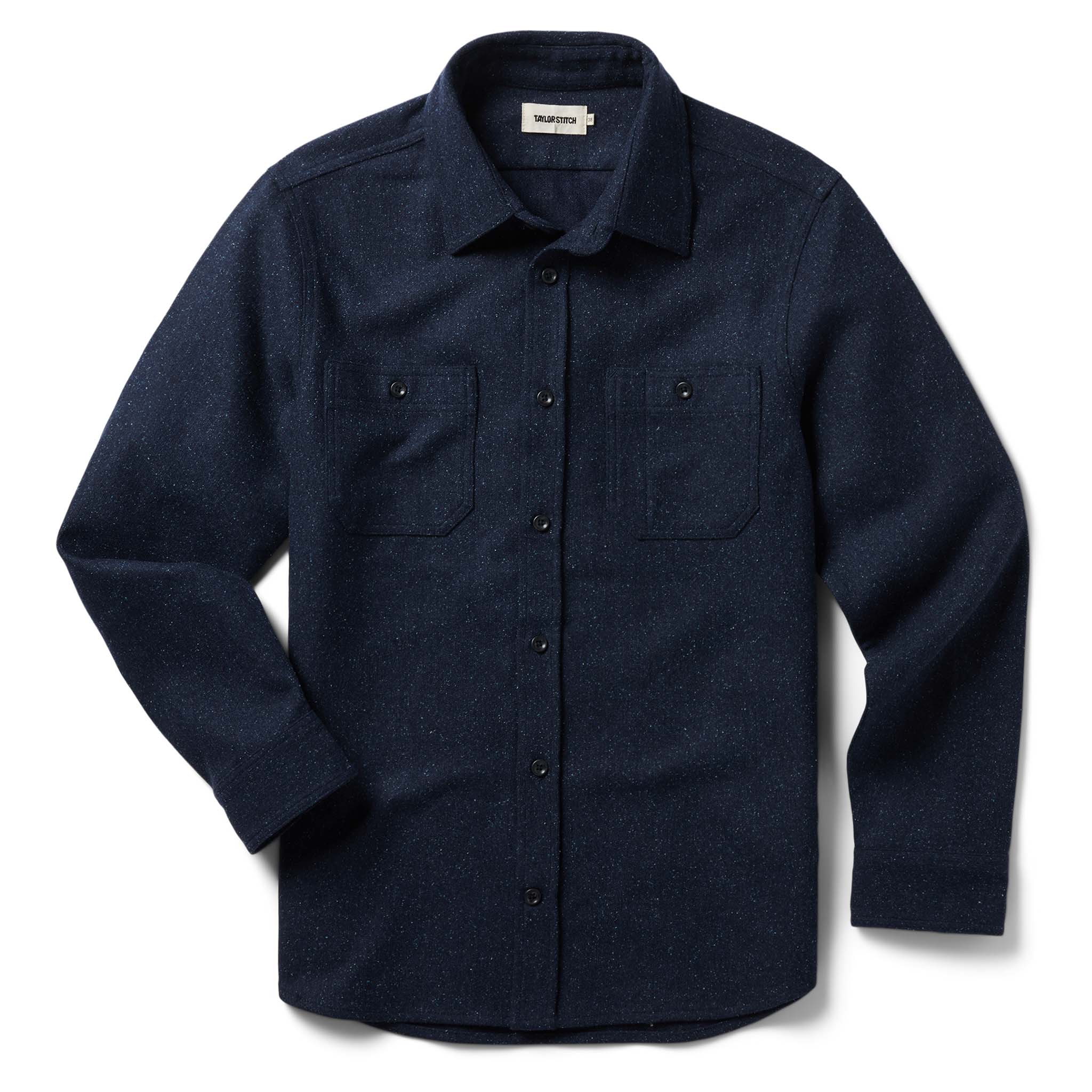 flatlay of The Utility Shirt in Navy Donegal Wool, Wovens by Taylor Stitch