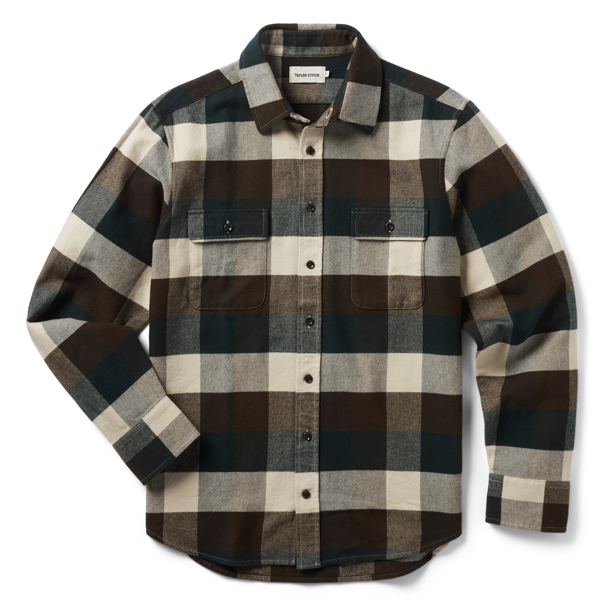 flatlay of The Yosemite Shirt in Evergreen Check, shown in full, Wovens by Taylor Stitch
