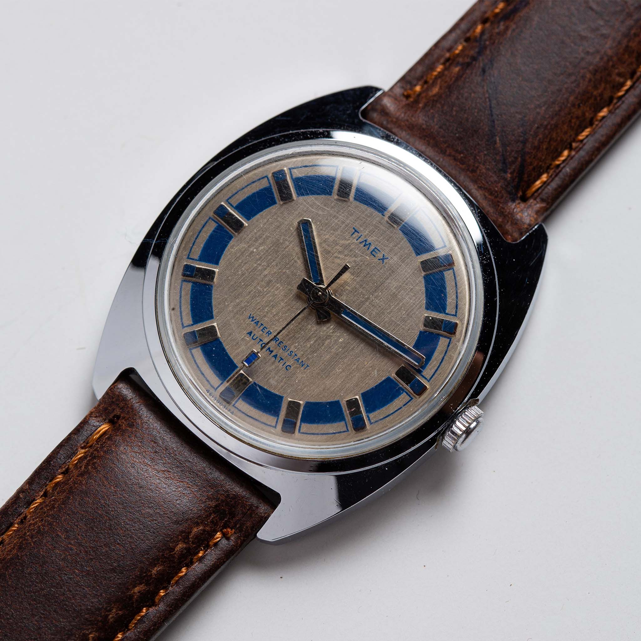 material shot of the watchface on The 1974 Timex Viscount M24, Accessories by Taylor Stitch