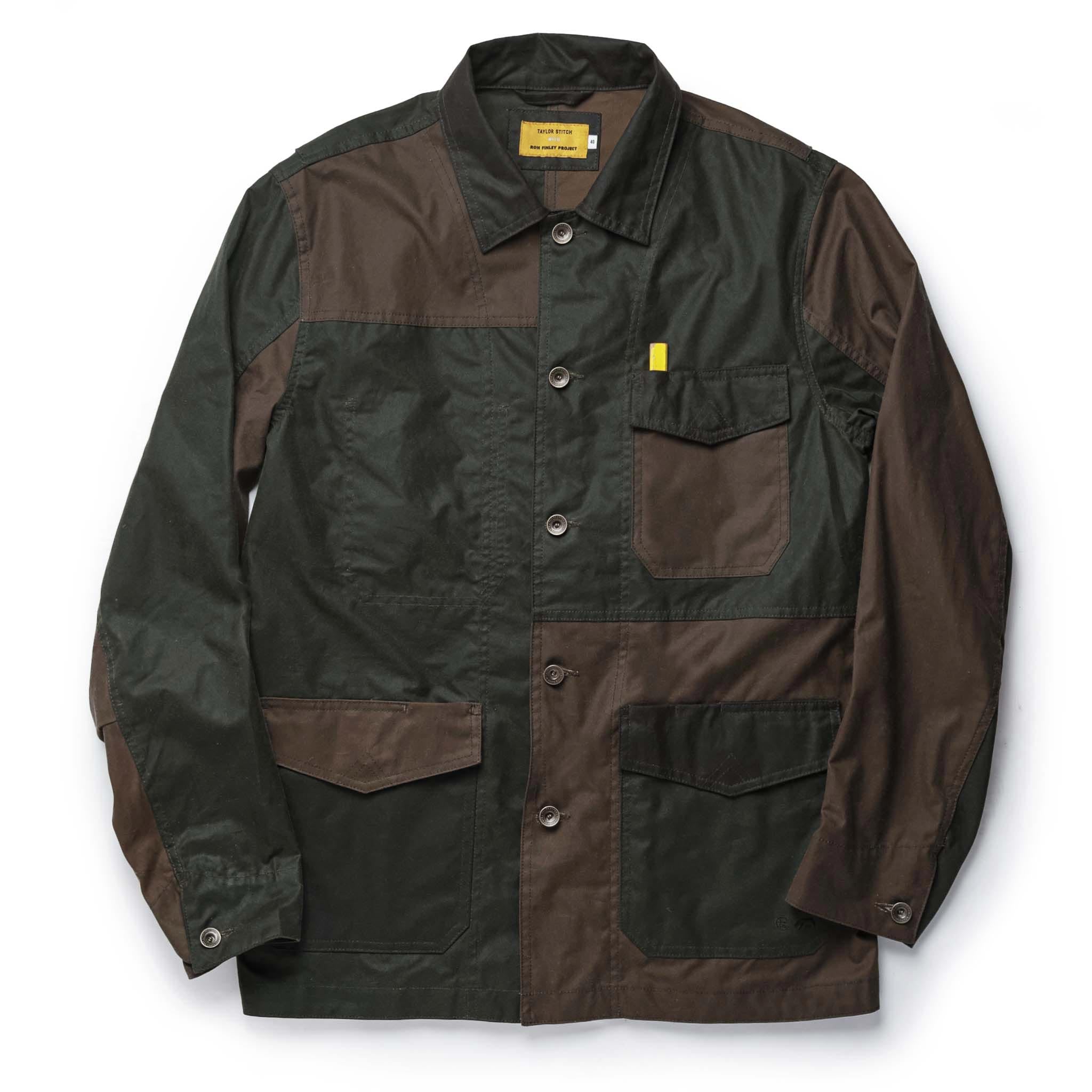 flatlay of The Task Jacket in Waxed Khaki and Olive Patchwork, Outerwear by Taylor Stitch