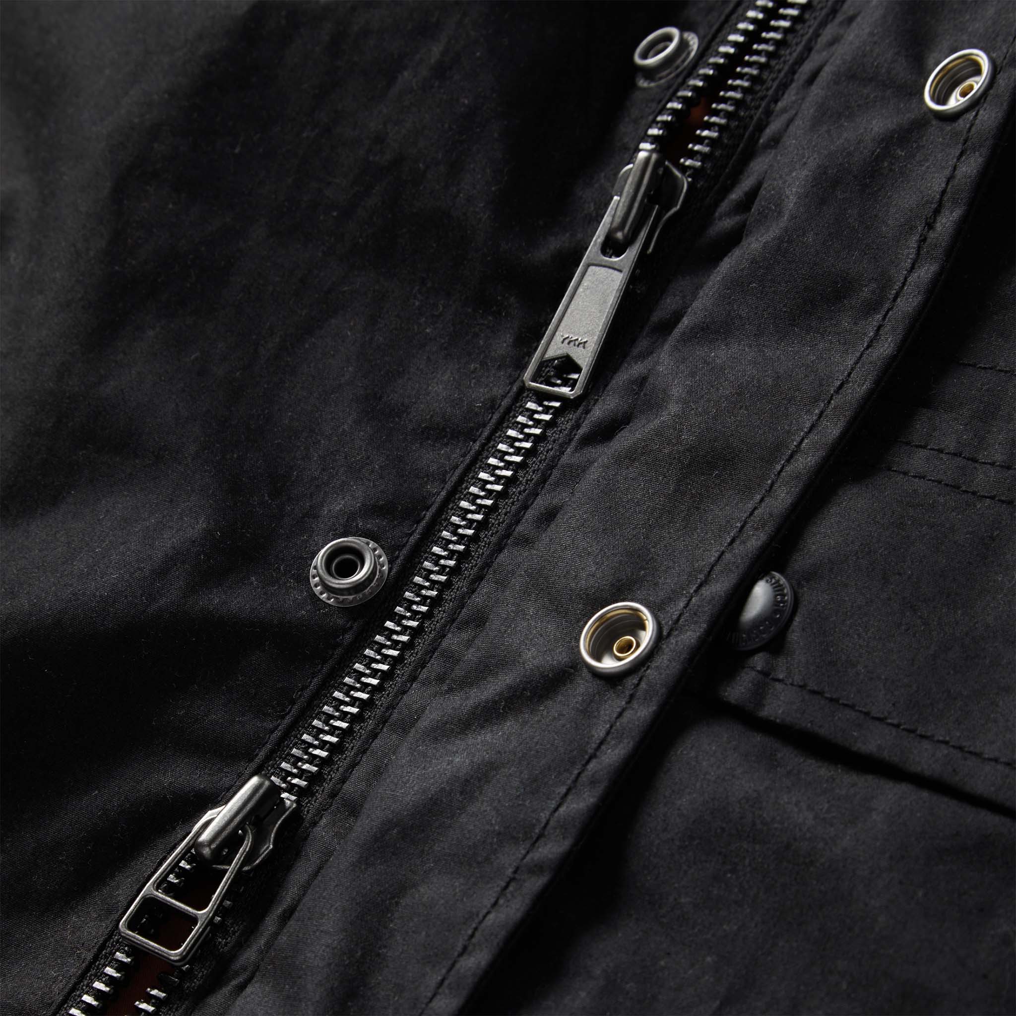 material shot of the zipper for The Clutch Jacket in Coal EverWax, Outerwear by Taylor Stitch